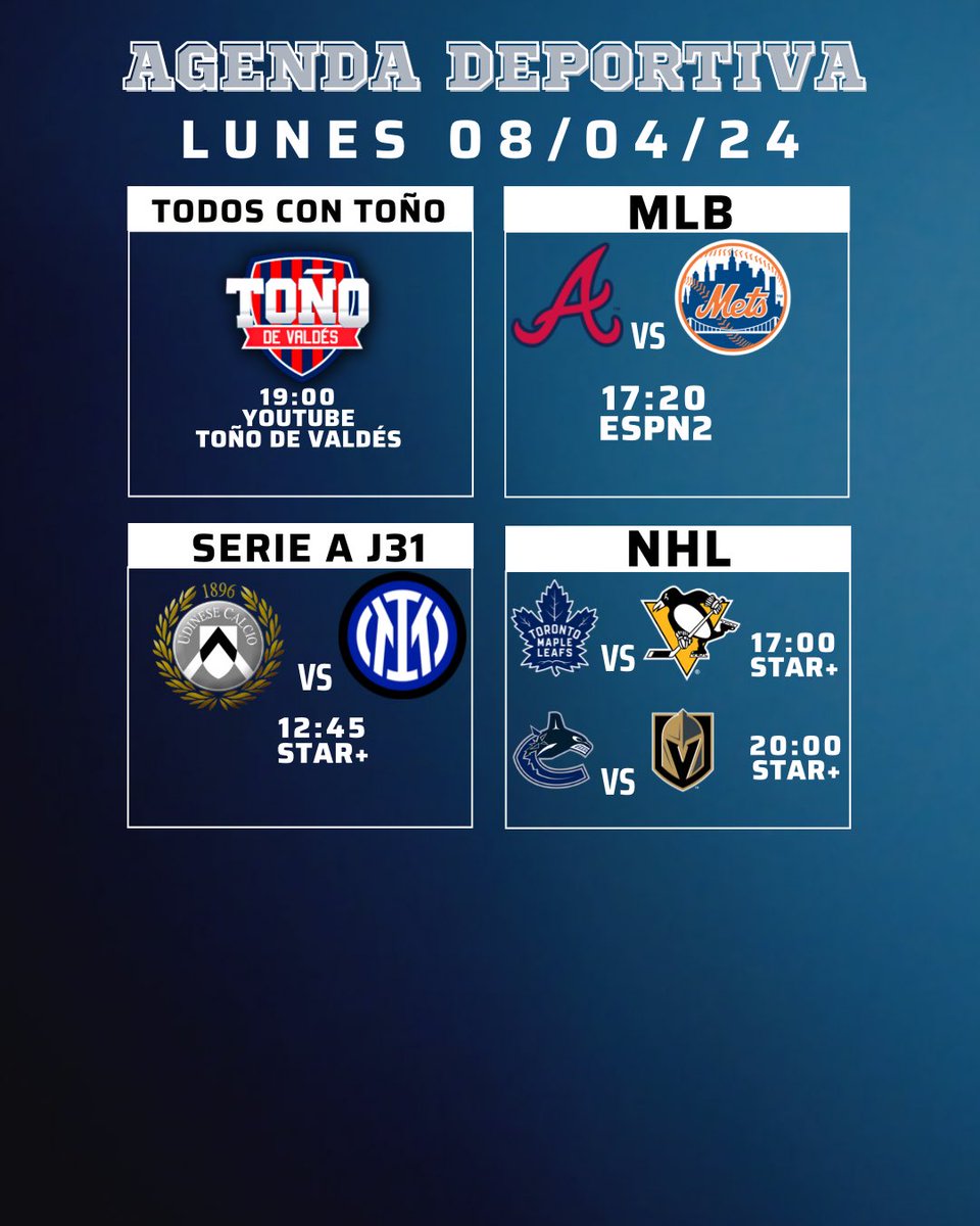 Agenda del día !!! MLB, Serie A, NHL y nos vemos en un rato para un episodio más de #TodosConToño !!!