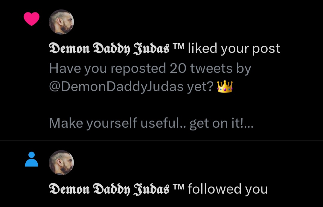 KingsATM's tweet photo. You're not doing it right if you're not being acknowledged by your Alpha Superior 👑 

It takes hard work, time, devotion, but there is absolutely no better reward. 

Make. Yourself. Useful. For. Master.

Submit. Obey. Bow. For. Master.

Exist. For. Master.

@DemonDaddyJudas 👑 https://t.co/tz3ctNiC6Z