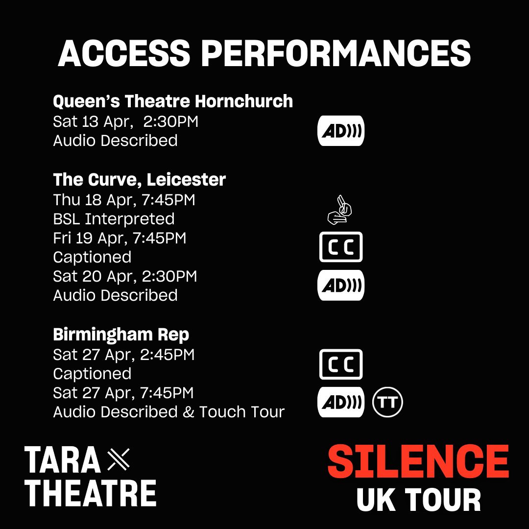 Check out a full list of our access performances of SILENCE across our UK tour, including Audio Described, BSL Interpreted and Captioned performances as well as a Touch Tour at @QueensTheatreH, @CurveLeicester and @BirminghamRep We can't wait to see you on tour 🎭