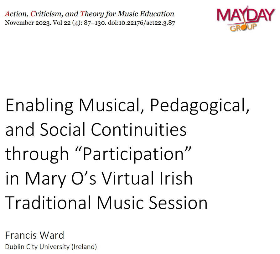 FrancisWard0's tweet photo. New research explores online music learning during the pandemic. Insights for all digital-age educators on fostering participation & learning in virtual spaces! https://t.co/HEE04fELt3 #MusicEd #IrishTraditionalMusic #VirtualEthnography #ParticipatoryCulture https://t.co/WlBSwOBJcG