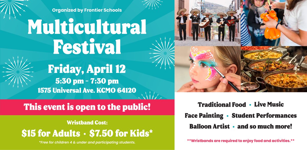 The #MulticulturalFestival is FOUR days away! 🤩🎉

Join us this Friday, from 5:30 - 7:30 pm, at FSI Middle's gymnasium for a great time. We'll have plenty of food and fun activities for our Frontier Family to enjoy! 🙌