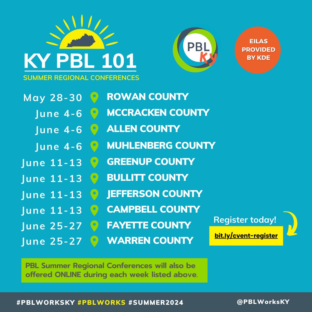 PBLWorksKY's tweet photo. Join us this summer for one of our KY PBL Summer Regional Conferences!

Learn all about Gold Standard Project Based Learning, and design a standards-based, PBL unit ready to implement with your students.

Learn more and register today!:
https://t.co/YzadSxk1zD https://t.co/pdviyyKlRt