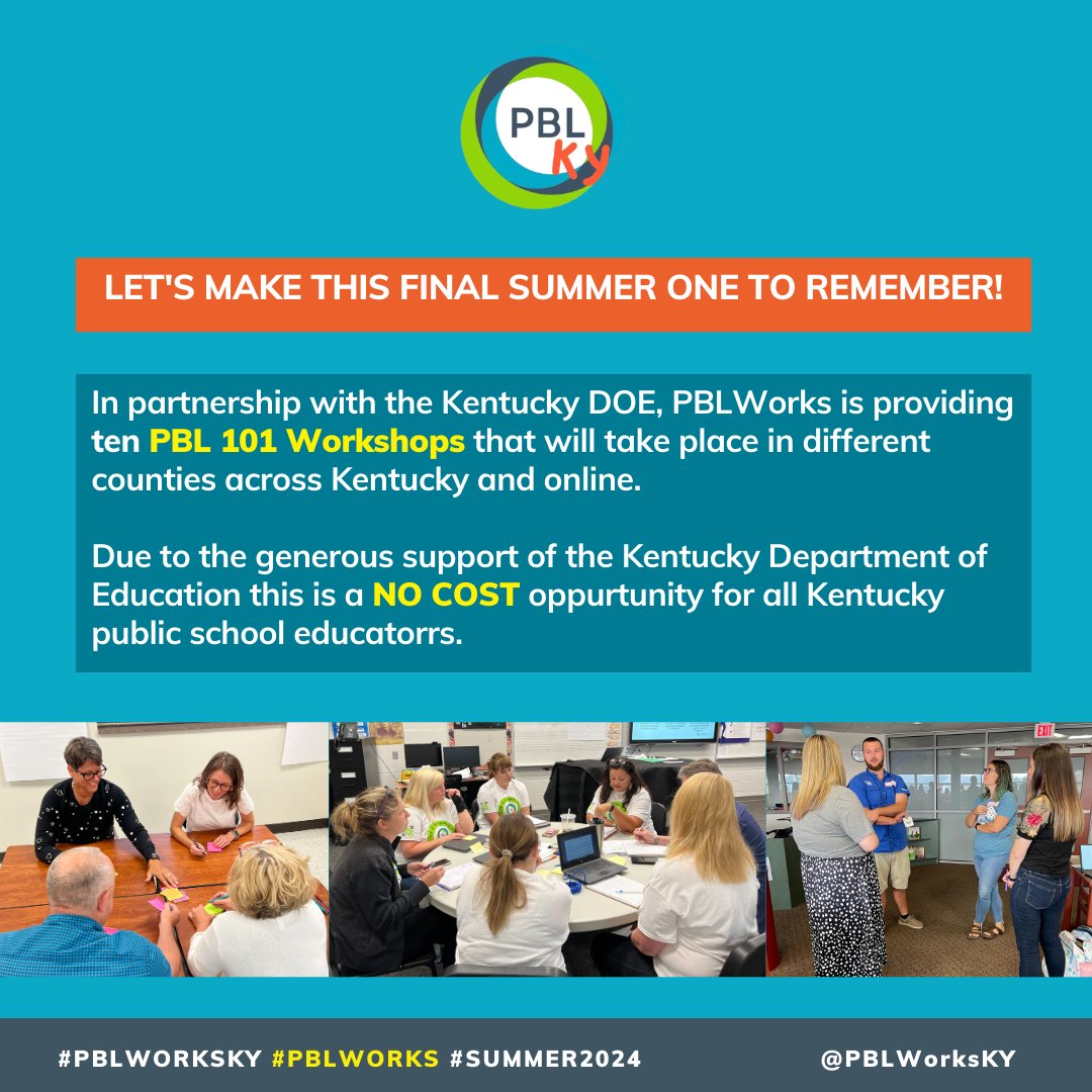 PBLWorksKY's tweet photo. Join us this summer for one of our KY PBL Summer Regional Conferences!

Learn all about Gold Standard Project Based Learning, and design a standards-based, PBL unit ready to implement with your students.

Learn more and register today!:
https://t.co/YzadSxk1zD https://t.co/pdviyyKlRt