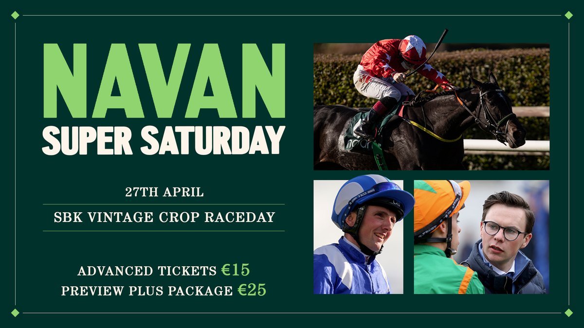 📍𝐒𝐮𝐩𝐞𝐫 𝐒𝐚𝐭𝐮𝐫𝐝𝐚𝐲 

Join us for Navan's Feature Flat meeting of the season ➡️ 𝐒𝐚𝐭𝐮𝐫𝐝𝐚𝐲 𝟐𝟕 𝐀𝐩𝐫𝐢𝐥

✨ @sbk Vintage Crop Stakes
✨ @IrishEBF_  Salsabil Stakes 
✨ @IrishEBF_  Committed Stakes 

More Details 👉 bit.ly/49p3dzL