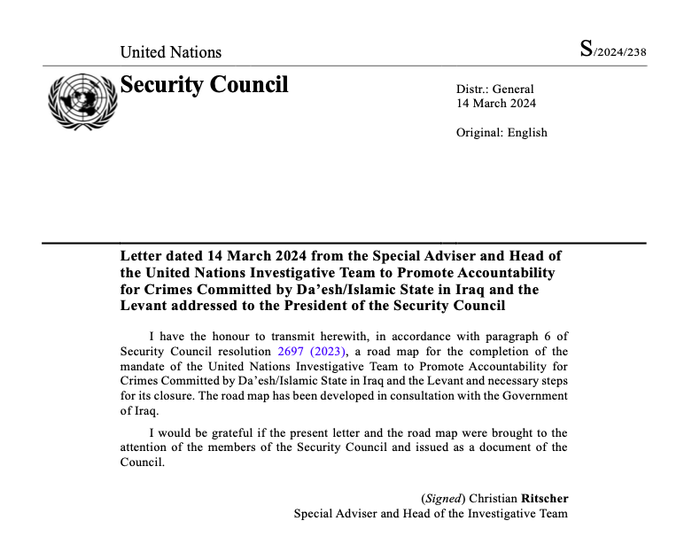 💻 Now online! Read @UNITAD_Iraq's latest report to the @UN Security Council (@UNSC_Reports), detailing the progress of its mandate completion in #Iraq and the tasks that remain, available to download here. ⬇️ unitad.un.org/sites/www.unit…