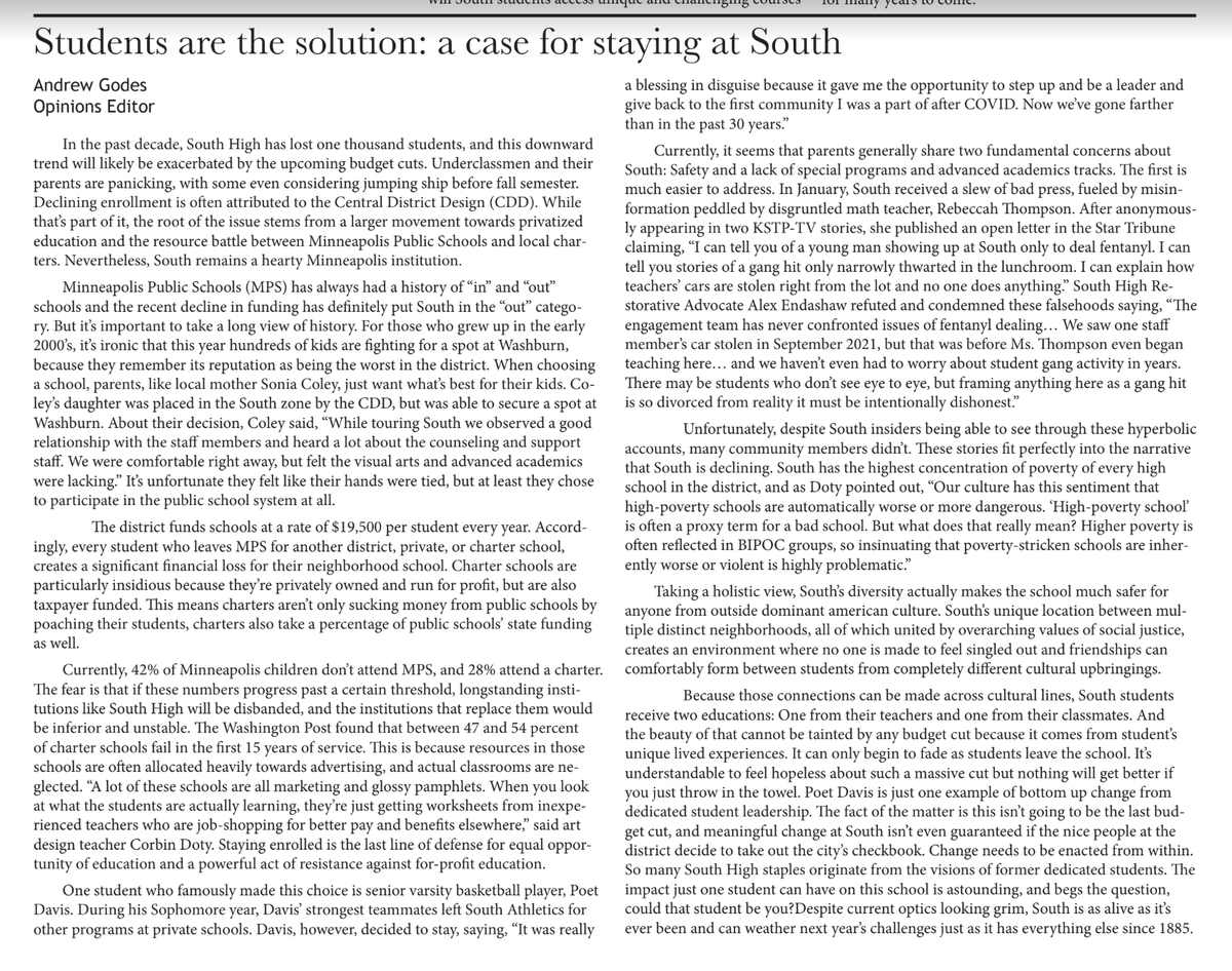 The South High student newspaper is ALL OVER the budget cuts. A new print edition out today interviewing excessed teachers, @SamSencerMura on cross-subsidies and special education billback, and a plea for students to stay. 🥲