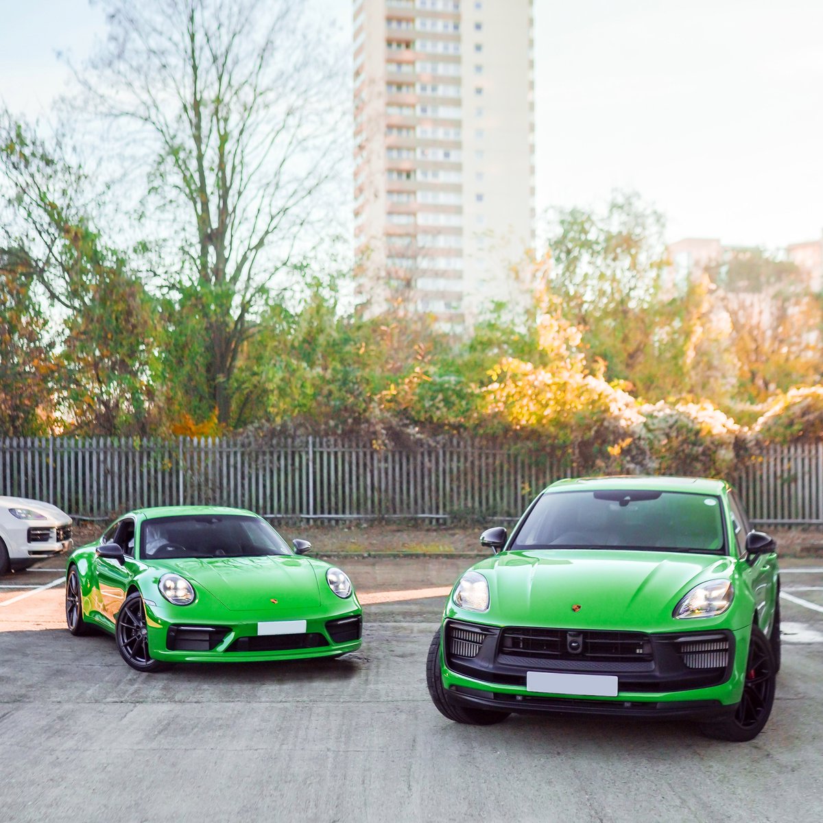 Dynamic duo in Python Green. Uniting the sleek 911 Carrera T and the bold Macan GTS 🐍