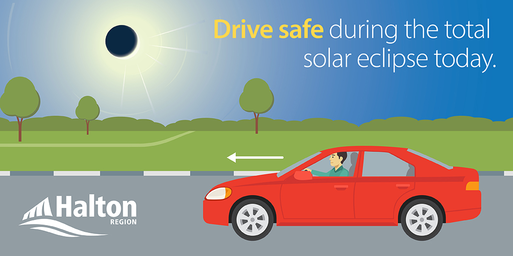 #HappeningToday: Total solar eclipse starts at 2 p.m. If you have to drive, keep your eyes on the road and don’t look at the at the eclipse. Do not stop roadside to take pictures.

Get the latest safety info from the Canadian Space Agency <a href="/csa_asc/">Canadian Space Agency</a>: ow.ly/4MP450RaB7h
