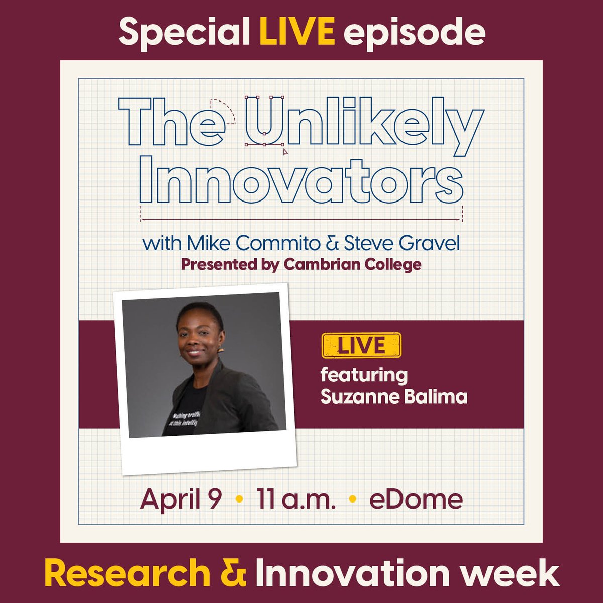 ✨Happening tomorrow! As part of our Research and Innovation Week, The Unlikely Innovators will be doing a live podcast with Suzanne Balima, a Strategic Innovation Designer from Vale Base Metals. Join us in Cambrian College's eDome to be a part of the conversation!