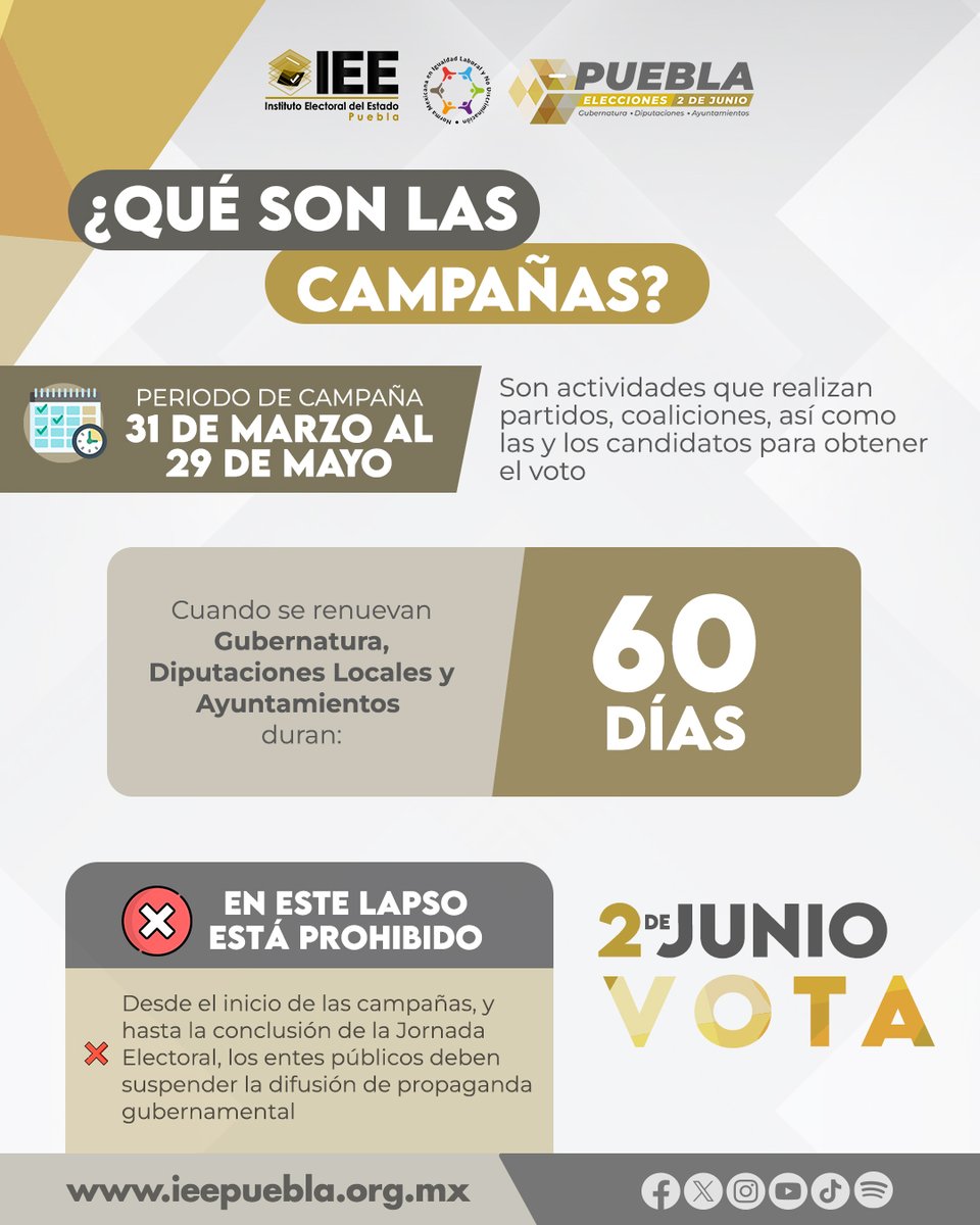 ¡Puebla, prepárate para hacer oír tu voz! Las campañas arrancan el 31 de marzo y durante 60 días, los candidatos te presentarán sus propuestas. ¡El 2 de junio, tu voto es el protagonista!
#EleccionesPuebla #VotaInformado #DemocraciaActiva