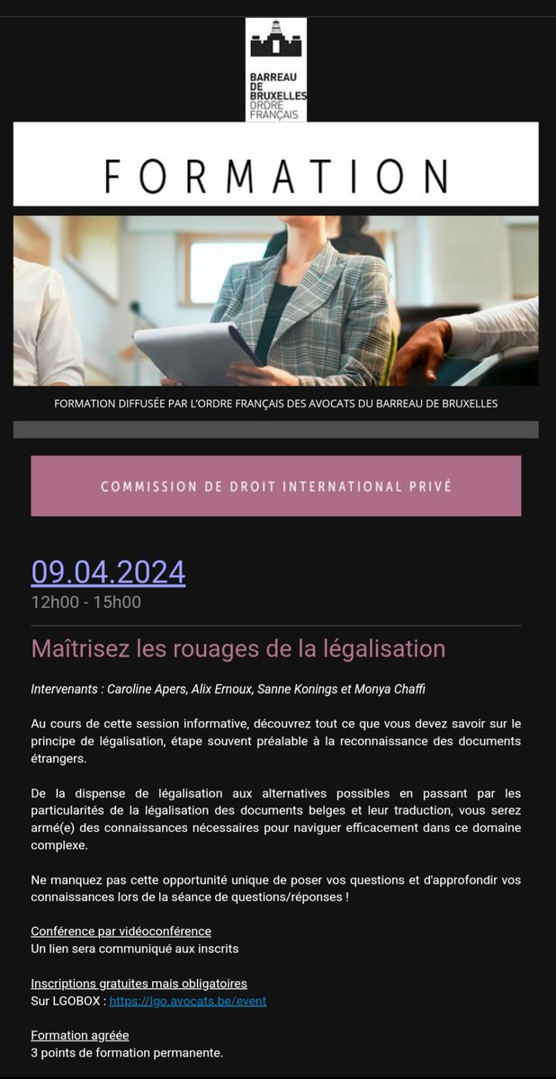 Vinciane GILLET (@gilletvinciane) on Twitter photo 📅 𝗠𝗮𝗿𝗱𝗶 𝟵 𝗔𝘃𝗿𝗶𝗹 𝟮𝟬𝟮𝟰 - 𝟭𝟮𝗵 à 𝟭𝟱𝗵 (heure de Bruxelles - UTC+1) – FORMATION GRATUITE – 3 POINTS DE FORMATION PERMANENTE 📅
𝐌𝐚𝐢̂𝐭𝐫𝐢𝐬𝐞𝐳 𝐥𝐞𝐬 𝐫𝐨𝐮𝐚𝐠𝐞𝐬 𝐝𝐞 𝐥𝐚 𝐥𝐞́𝐠𝐚𝐥𝐢𝐬𝐚𝐭𝐢𝐨𝐧
💼 Inscription : lnkd.in/eVGFbist
<a href="/oBarreaux/">AVOCATS.BE</a> 📅 𝗠𝗮𝗿𝗱𝗶 𝟵 𝗔𝘃𝗿𝗶𝗹 𝟮𝟬𝟮𝟰 - 𝟭𝟮𝗵 à 𝟭𝟱𝗵 (heure de Bruxelles - UTC+1) – FORMATION GRATUITE – 3 POINTS DE FORMATION PERMANENTE 📅
𝐌𝐚𝐢̂𝐭𝐫𝐢𝐬𝐞𝐳 𝐥𝐞𝐬 𝐫𝐨𝐮𝐚𝐠𝐞𝐬 𝐝𝐞 𝐥𝐚 𝐥𝐞́𝐠𝐚𝐥𝐢𝐬𝐚𝐭𝐢𝐨𝐧
💼 Inscription : lnkd.in/eVGFbist
<a href="/oBarreaux/">AVOCATS.BE</a>
