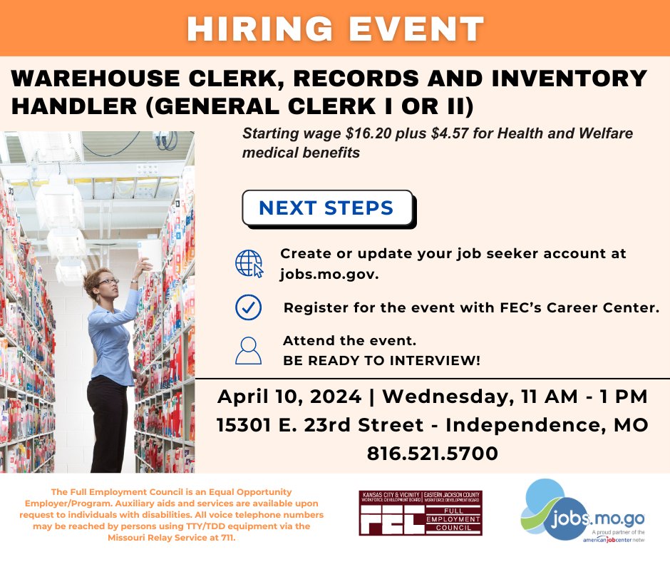 ICYMI: We're holding a Hiring Event Wednesday for Warehouse Clerks – Records and Inventory Handler. 
- Update your account at jobs.mo.gov. 
- Register with us to schedule an interview time. 
- Attend the event 4/10, 2024, 11 AM – 1 PM at Independence <a href="/FEC_KC/">FEC KC</a>.