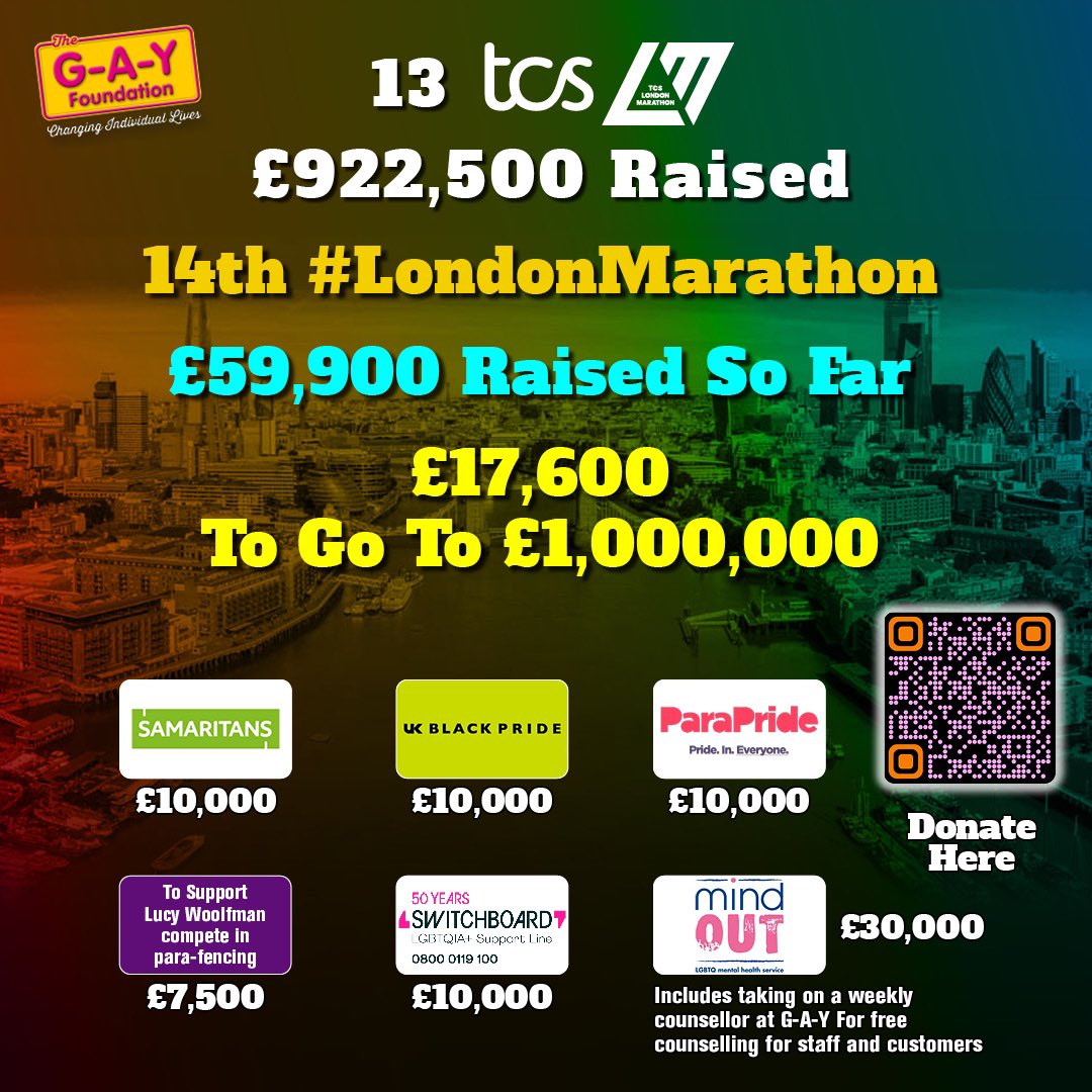 13 Days to @londonmarathon 

13 #londonmarathon 
G-A-Y has Raised - £922,500 
 
14th #londonmarathon2024 
£59,900 Raised 
£17,600 To £1,000,000 

Fundraising for 
@samaritans 
@switchboardLGBT 
@ukblackpride 
@Parapride 
@MindOutLGBTQ 
 
PLEASE Sponsor at 
2024tcslondonmarathon.enthuse.com/pf/jeremy-jose…