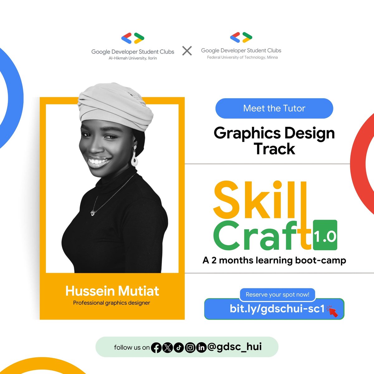 gdgoc_hui's tweet image. Meet Mutiat Hussein, our talented graphic design tutor, guiding our SkillCraft 1.0 participants through their journey of creativity! 🚀
As they delve into the world of design, our participants are thoroughly enjoying their classes under her guide.😌
#GoogleDevelopersStudentsClub