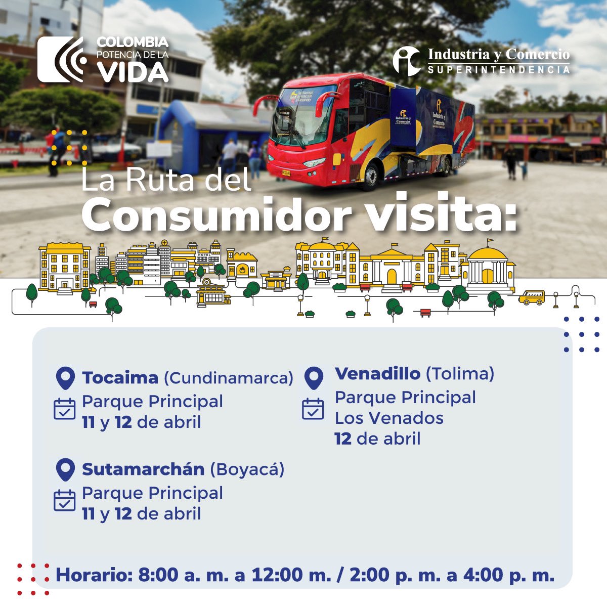 ¿Tienes un inconveniente con un producto o servicio? ¿Quieres registrar tu marca y no sabes cómo hacerlo? Esta semana la #RutaDelConsumidor🚍 te orienta gratis en: 📍Cundinamarca 📍Boyacá 📍Tolima ¡Te esperamos!👇🏻