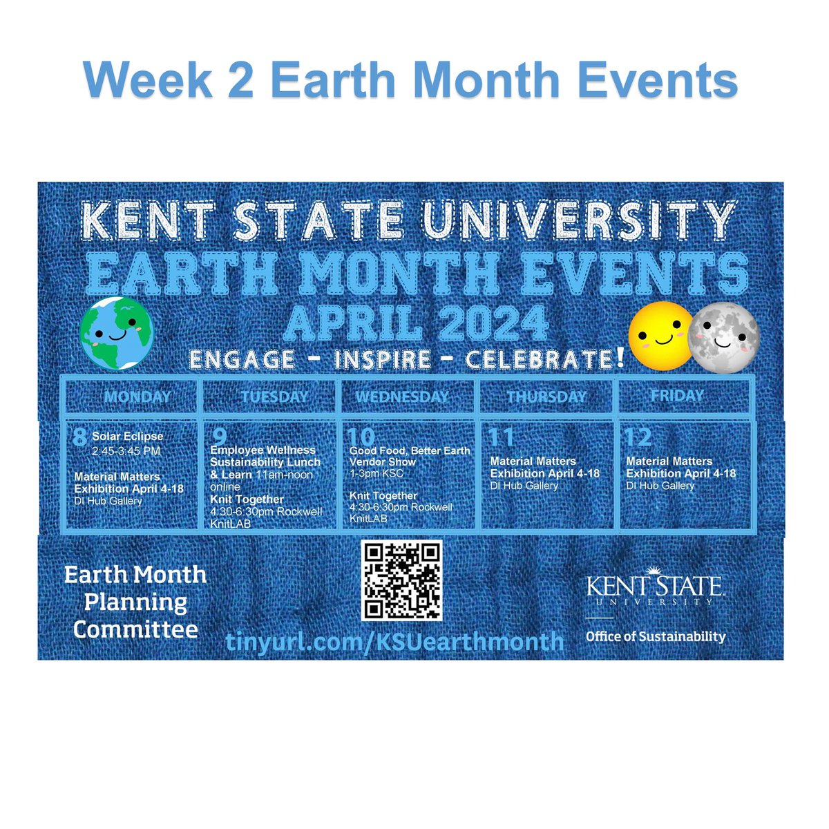 Week 2 #EarthMonth events at #KentState include Apr. 8 - Solar Eclipse; Apr. 9 - The Connection Between Sustainability and Wellness Webinar; Apr. 10- Good Food, Better Earth Vendor Show; Apr. 10 - Knit Together; Material Matters exhibition through Apr. 18. kent.edu/sustainability…