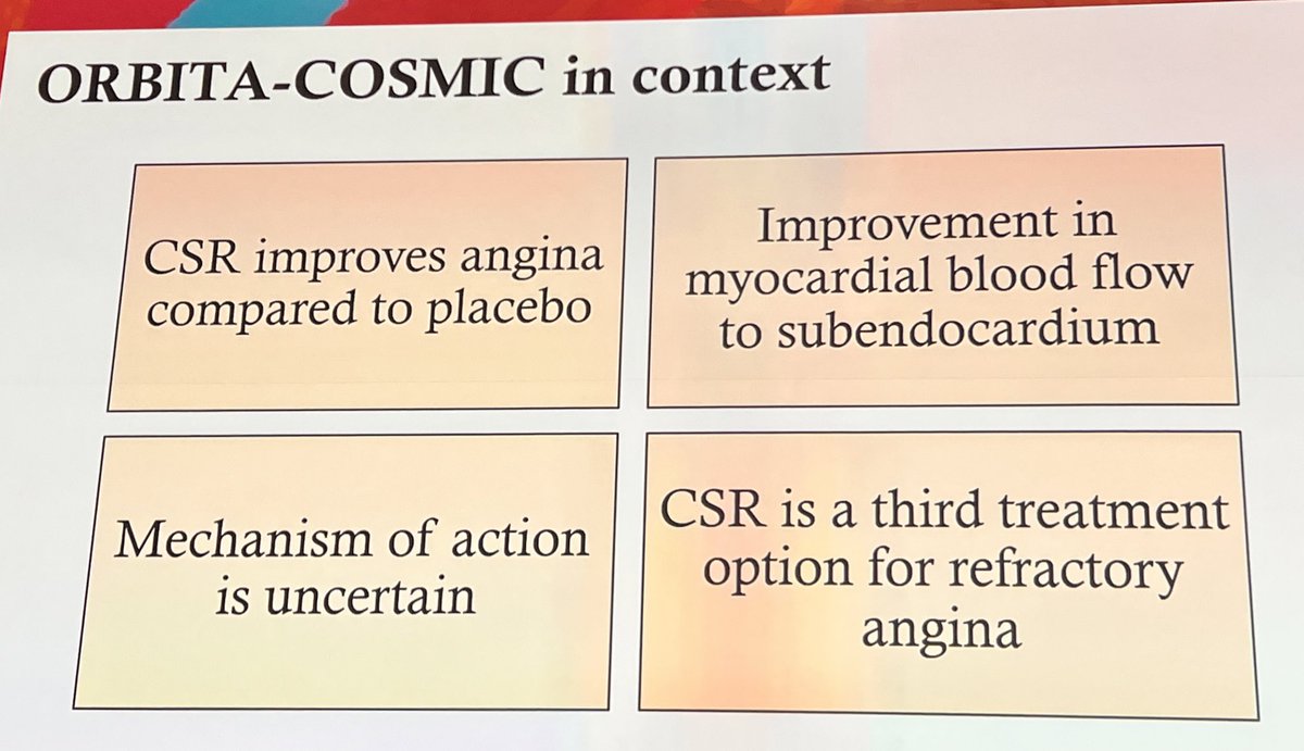 #ORBITA-COSMIC @rallamee John Foley presents at #ACC24 In refractory angina patients an CS occluder device shows improved subendocardial perfusion by stress #WhyCMR (not transmural) and reduces angina frequency & improved QOL 🆚 placebo bit.ly/3TSC3vo
