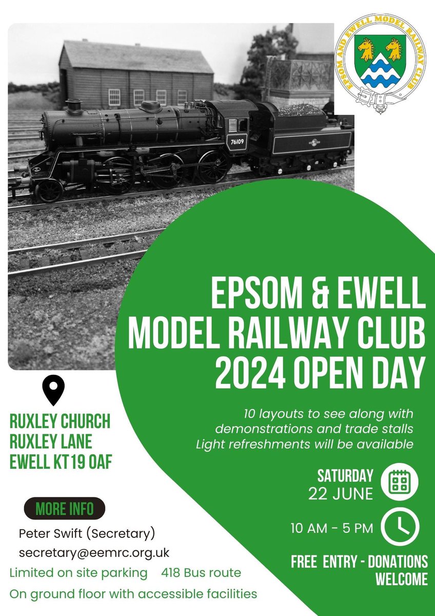 EEMRC's tweet image. Save the date! We will be holding our 2024 open day at Ruxley Church, Ewell, from 10.00 - 17.00 on Saturday June 22. 10 layouts, modelling demonstrations and refreshments. All welcome.