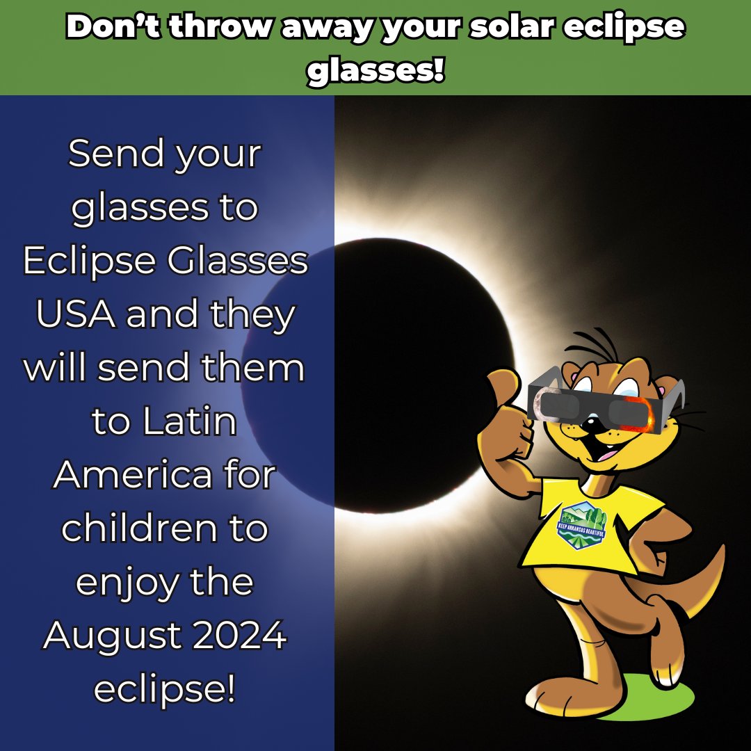 Don't throw away your Solar Eclipse glasses! You can send them to Eclipse Glasses USA before August 1st and they will send them to Latin America to kids so they can enjoy the August 2024 eclipse safely! Ship by August 1st: Eclipse Glasses USA, LLC PO Box 50571 Provo, UT 84605