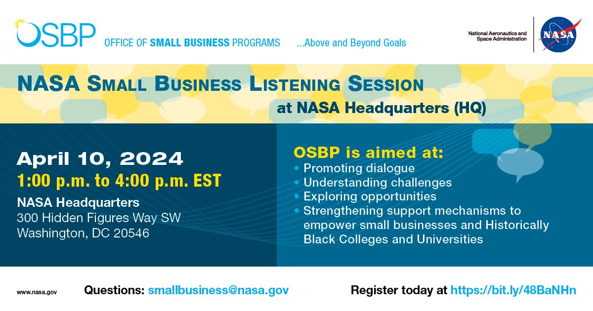 #SpaceWeek is Here! This year's theme is 'Find Your Place in Space'.🪐 Small Businesses, there's a way for you to 'Find Your Place in Space'! Join us on April 10th at 1pm for the NASA Small Business Listening Session at NASA Headquarters. Register Today!…