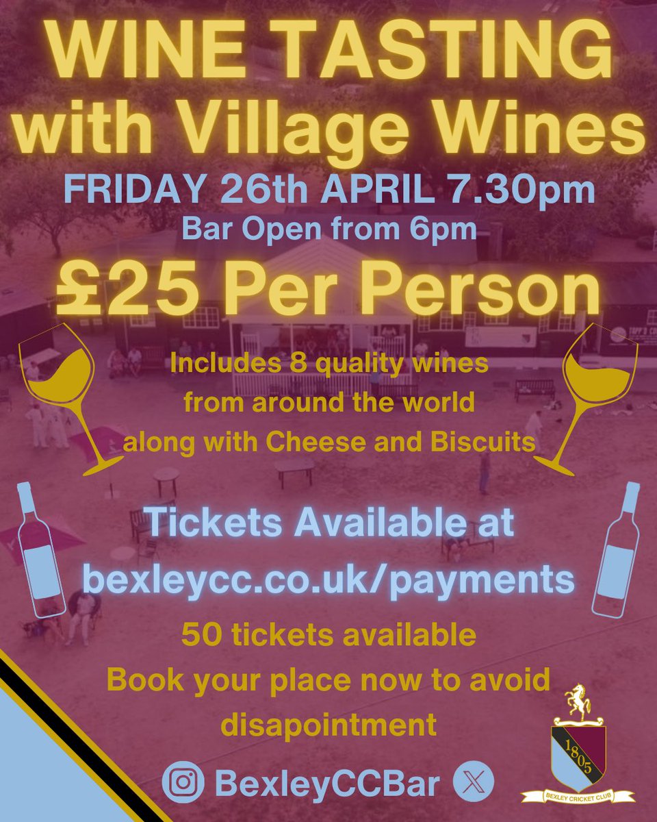 Wine Tasting with villagewines.bexley 7.30pm Friday 26th April £25 per person Come and sample 8 wines from around the world along with cheese and biscuits Get your tickets at bexleycc.co.uk/payments/wine-… ening-with-village-wines-111028.html