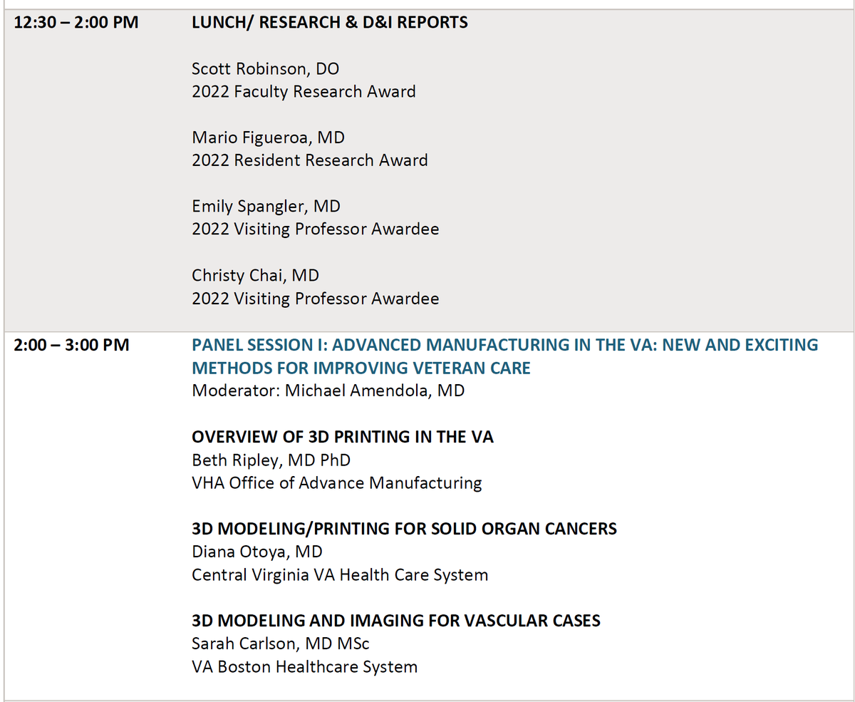 VAsurgeons's tweet photo. Lunch today is on AVAS!

We will hear from the 2022 Research and Visiting Professorship winners. 

This will be followed by another demonstration of the VA being at the forefront of surgery - 3D printing and modeling - hosted by Dr. Michael Amendola. 

#AVAS2024 #VASurgeons https://t.co/An6iUBjAnC