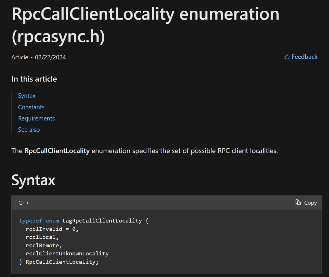 Spent some time this morning diving into some new metadata exposed in Sched Task events. In Win10 versions 1903 and up there 5 new properties shown, one of which is 'RpcCallClientLocality', which is an enum that will tell you if the client call is local, remote, unknown. This