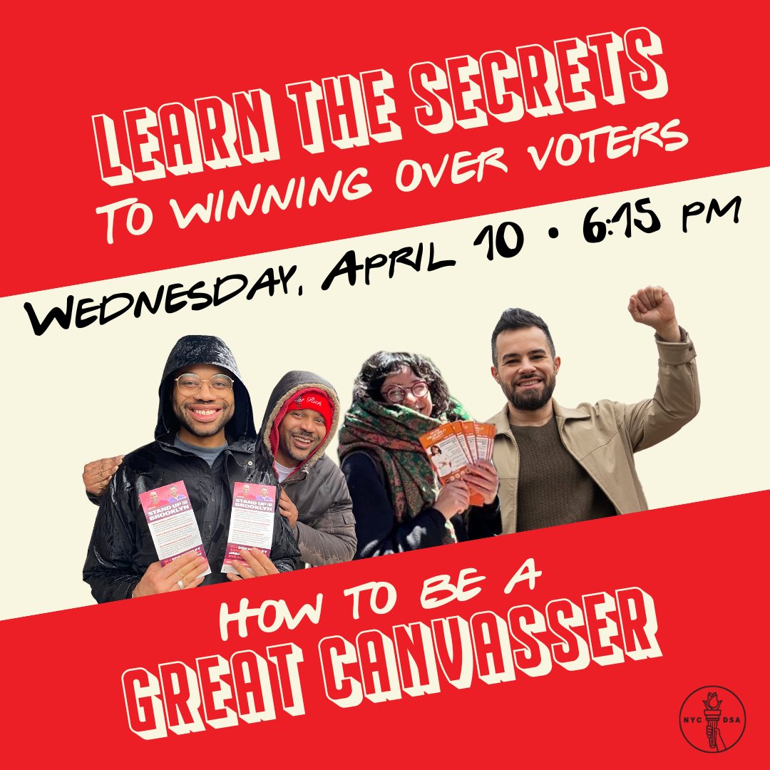 Come learn how the most powerful door-knocking operation in the city got so good: HOW TO BE A GREAT CANVASSER will teach you everything you need to win over undecided voters. Join us Wednesday at 6:15pm! actionnetwork.org/events/how-to-…