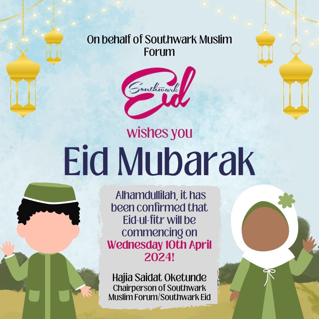 🌙✨ Exciting News! ✨🌙 Eid will commence on Wednesday 10th April 2024! 🎉 ⏰Eid Salah: 10am 🎊Festival: 11am to 8pm Join us at Burgess Park (East side) for a day brimming with reflection and family fun. 🕌 Let's celebrate together! #EidCelebration #BurgessPark #FamilyFun