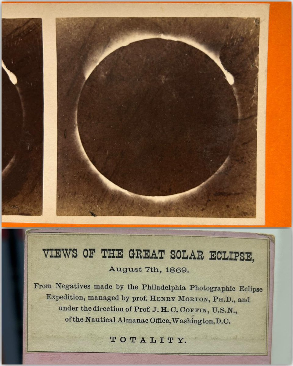 Happy #SolarEclipse! Hope you have your glasses ready. Here in MA we’ll have about 93% coverage. This #stereograph shows the total eclipse that happened on August 7, 1869, passing through Alaska, and from the Dakotas to Virginia. This image was taken in Iowa.