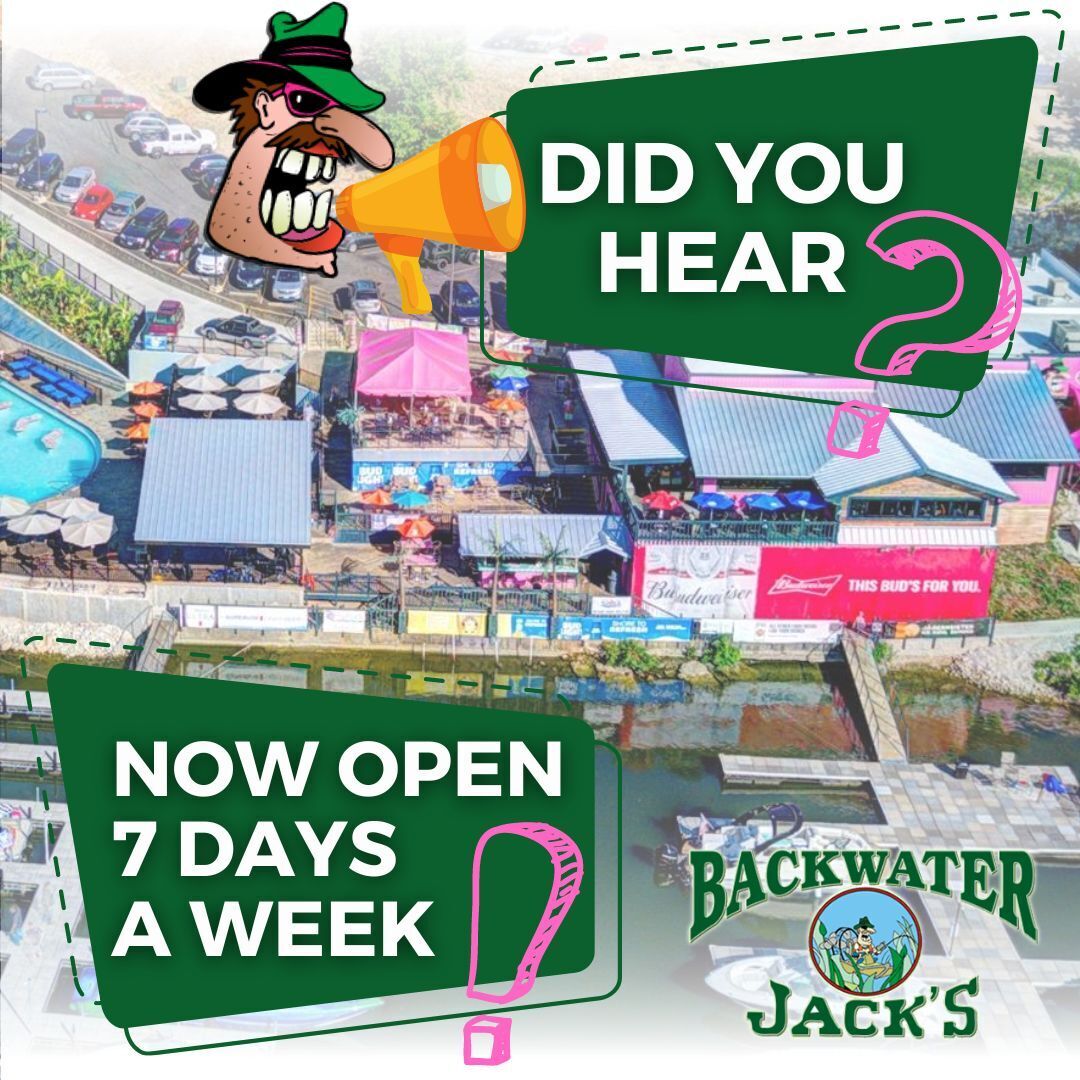 BWJacksLO's tweet photo. DID YOU HEAR?🥳
Backwater Jack's is now open EVERY DAY OF THE WEEK!!! Who's excited?🥳🥳🥳
https://t.co/SoodPLKXmn
#OpenDaily #LakeOfTheOzarks #LakesideDining https://t.co/OLa26kzCqt