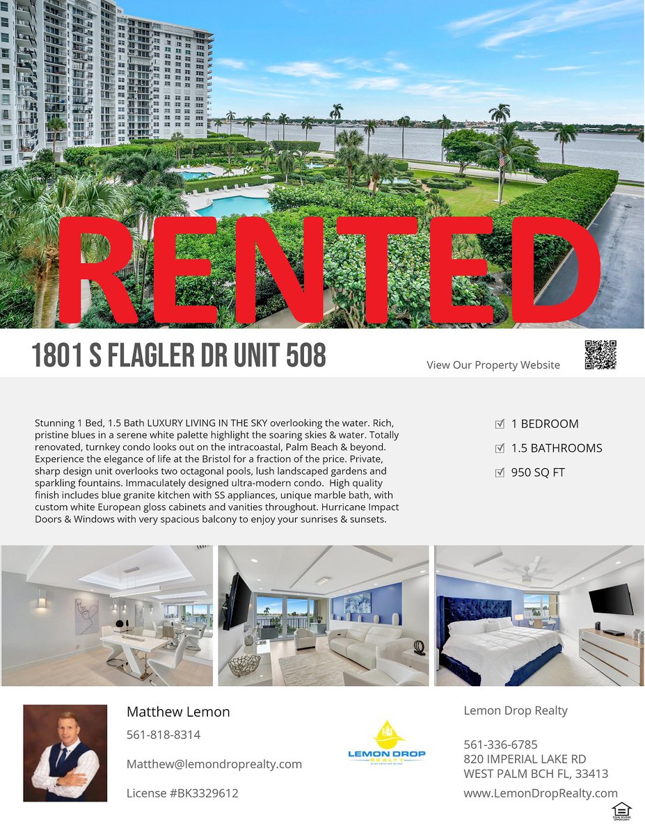 LemonDropRealty's tweet image. RENTED $46,800 ANNUALLY 
1801 S Flagler Dr #508 at South Rapallo 
1 Bed/ 1.5 Bath 950sq ft Water front #condo #homebuyers #homesellers #zillow 
If you're thinking about making a move contact #Realtor Matthew Lemon #561.818.8314 #LemonDropRealty