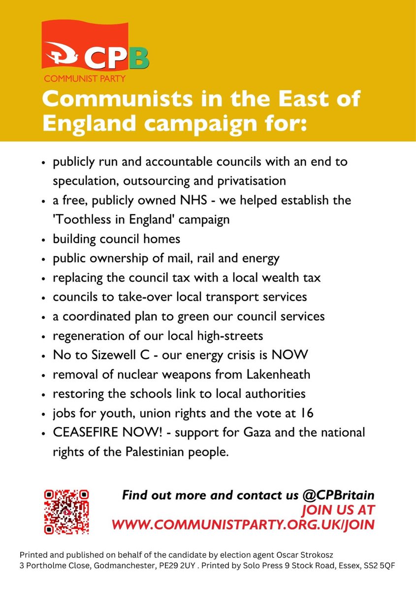 LOCAL ELECTIONS: 2ND MAY 2024 📢'm contesting Cambridge's Abbey ward for @CPBritain & @CambridgeCPB. ✊We need a united front of socialists across the country to stand up for working people; to oppose cuts, gentrification, and privatisation. For Peace & Socialism!