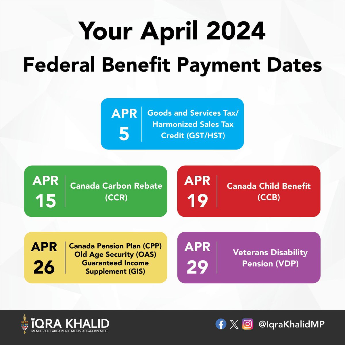 Happy April, Mississauga-Erin Mills! Look out for your federal benefit payments coming this month. And make sure to file your taxes on time to ensure your payments continue uninterrupted ➡️ canada.ca/en/services/ta…