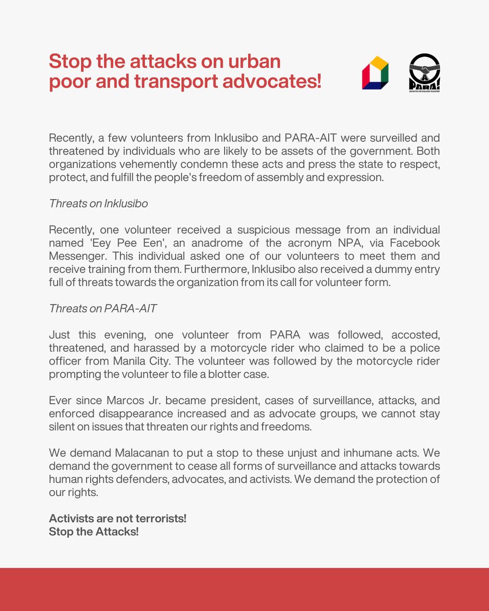 JOINT STATEMENT WITH @PARA_AIT ON THE RECENT ATTACKS BY THE STATE. Recently, a few volunteers from Inklusibo and PARA were surveilled and threatened by individuals who are likely to be government assets. Read our full statement below.