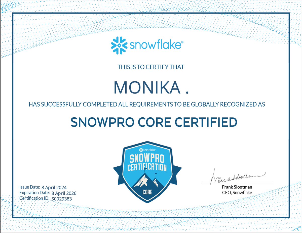 Just earned my Snowflake SnowPro Core Certification! 🤹‍♀️ One more step.... #technology #data