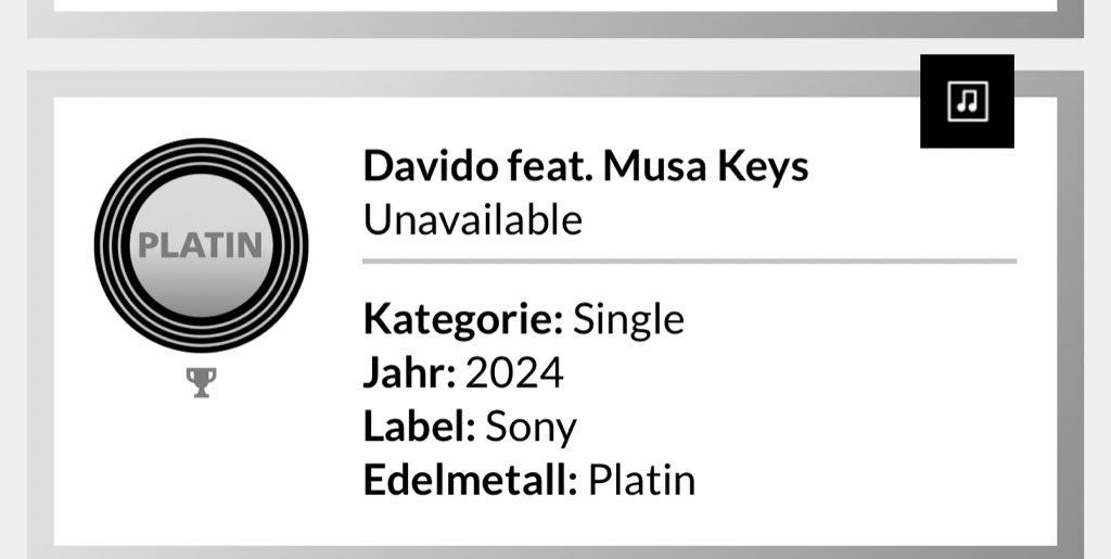 .@davido’s “Unavailable” feat. @MusaKeyss is now officially certified 1x platinum in Switzerland 🇨🇭(30,000).
