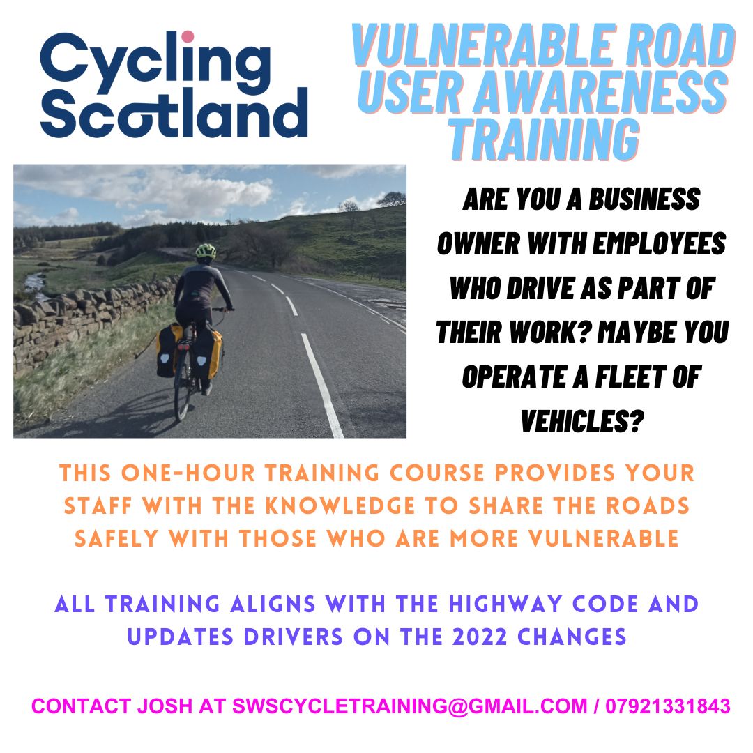 Crucial training from South West Scotland Cycle Training for riders, drivers and those of you keen to get on a bike again for more eco-friendly active travel. Josh is a highly qualified & experienced coach. See the images for more details of the training he can offer.