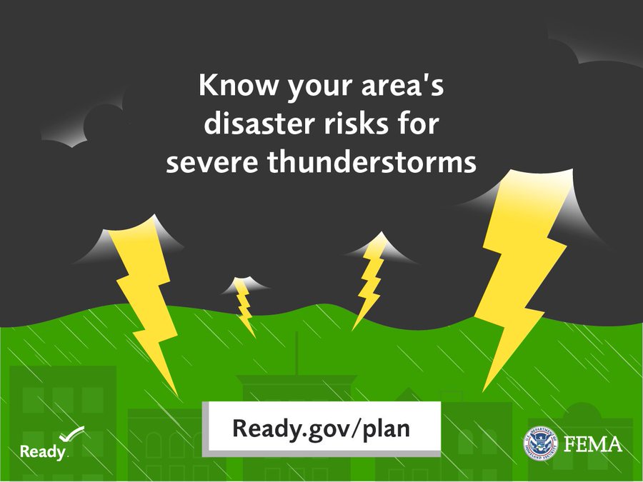 Heavy rain & thunderstorms could be dangerous. - Pay attention to weather alerts. - Bring your pets inside. - Never use phones or electric equipment during a thunderstorm. To learn more, visit: ready.gov/thunderstorms-…