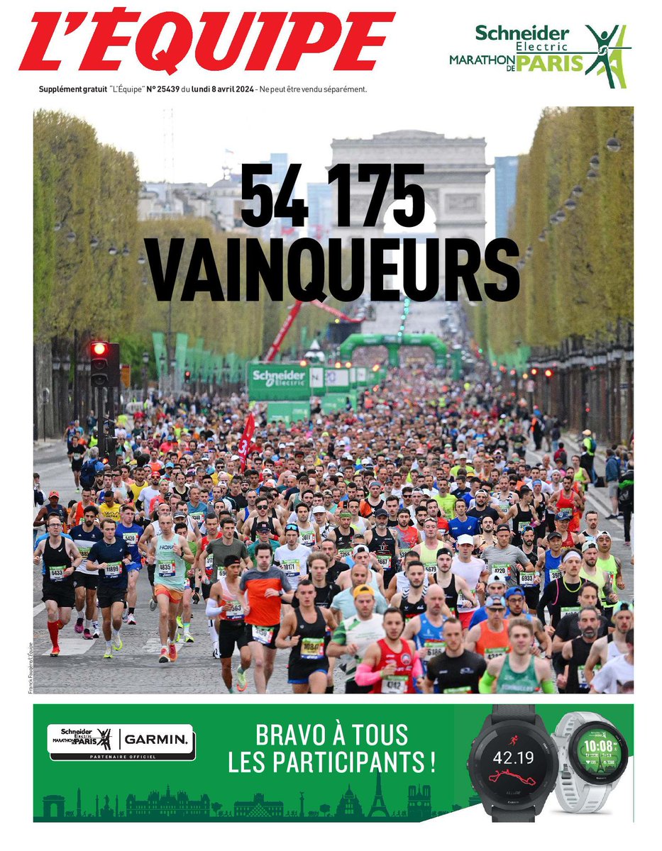 lequipe's tweet photo. « 54 175 vainqueurs » 🏃‍♀️🏃

Retrouvez, avec l’édition du journal L’Équipe du 08 avril, un supplément gratuit avec les noms et les chronos de tous les « finishers » du marathon de Paris 2024 !

Conservez la une en format encadré > https://t.co/cvyrBQ1UL6

#marathonparis https://t.co/7DvPbEFRip