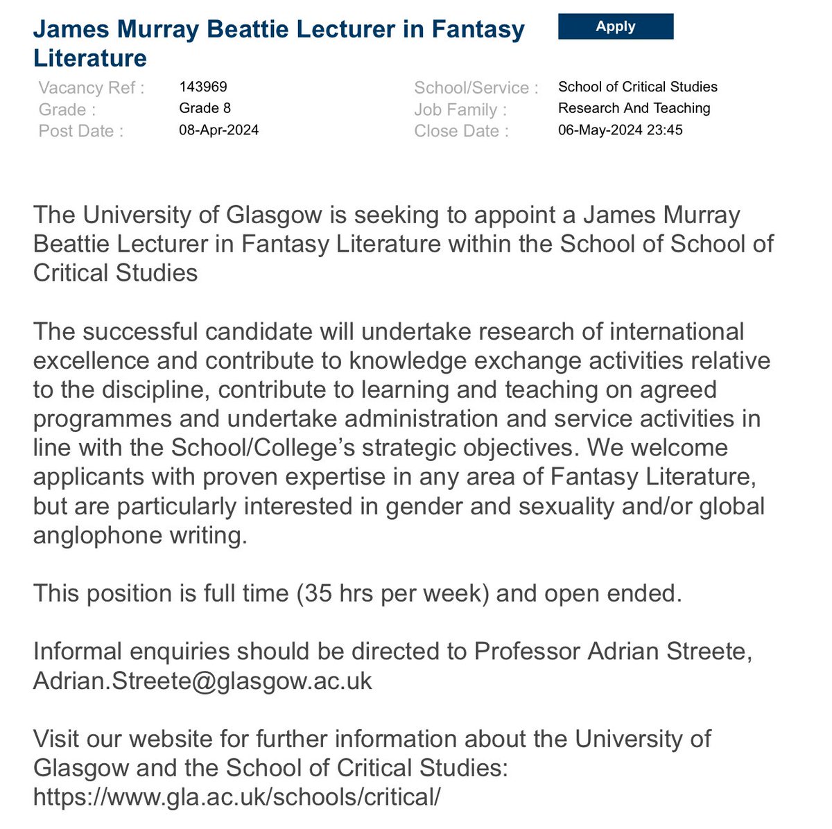 So happy to share this! New post just advertised: James Murray Beattie Lecturer in Fantasy Literature! Come and work with me, @WillTattersdill, @MJRSangster and the @UofGFantasy team! ✨🐉 🦄 For further details search for vacancy 143969 here: gla.ac.uk/explore/jobs/