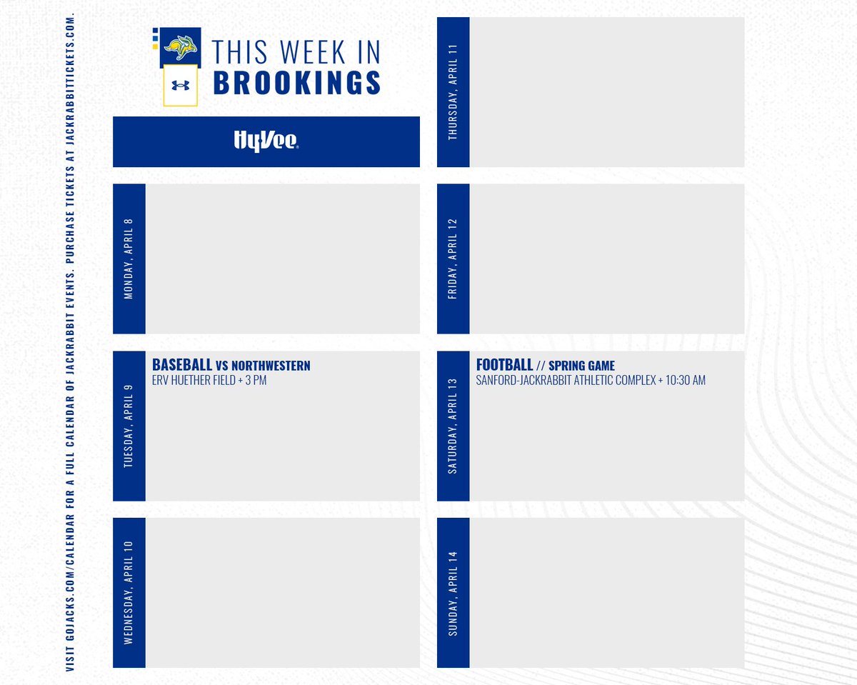 𝗧𝗛𝗜𝗦 𝗪𝗘𝗘𝗞 𝗜𝗡 𝗕𝗥𝗢𝗢𝗞𝗜𝗡𝗚𝗦 💙 + 4/9: @GoJacksBaseball vs Northwestern + 4/13: @GoJacksFB Spring Game #GoJacks 🐰