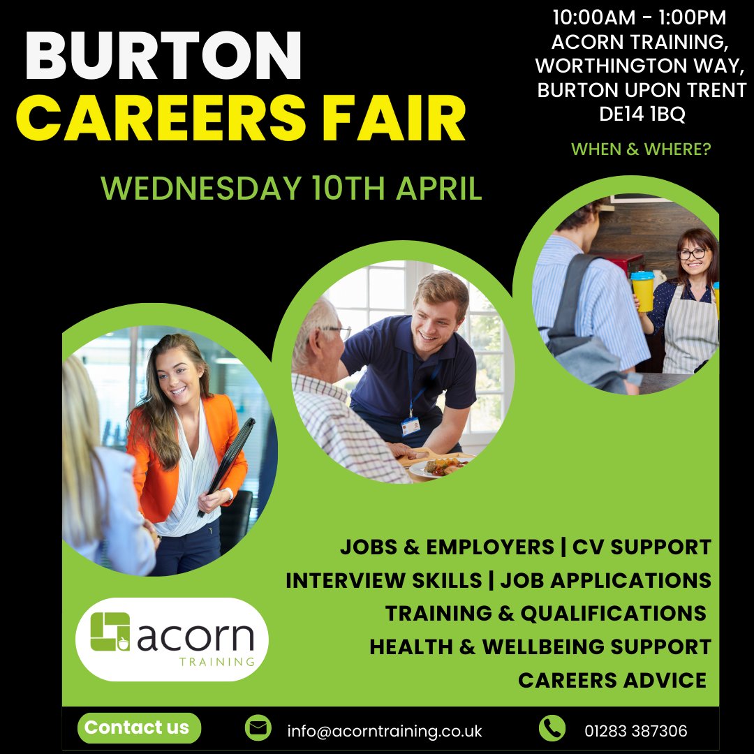 👉 Our delivery partners @AcorntrainingUK, are hosting a careers fair in Burton, ⏰ 10 am - 1 pm 🗓️ 10th April 📍 Acorn Training, Worthington Way, DE14 1BQ To attend, contact the email or phone on the image. #burton #burtoncareersfair #burtonjobs