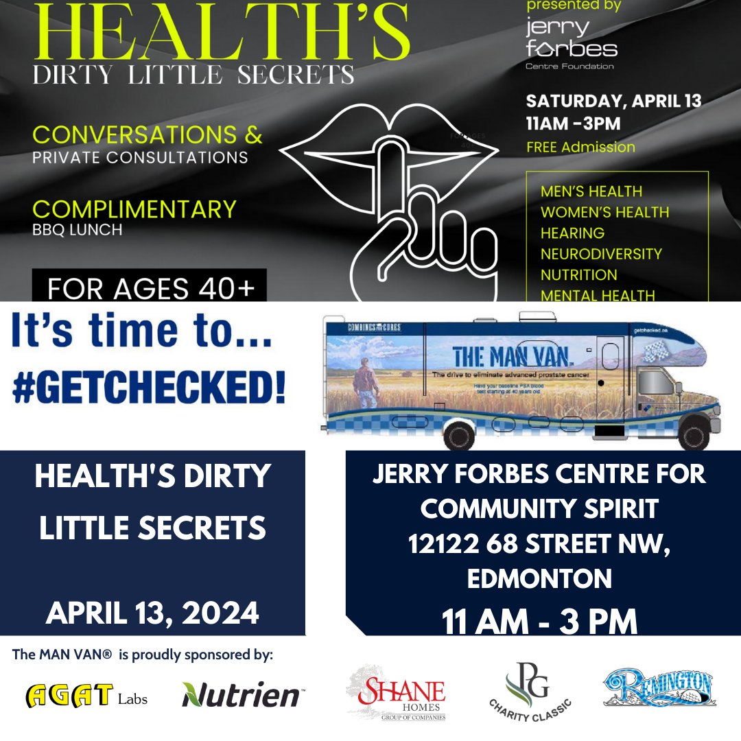 Join MAN VAN® in Alberta at Health's Dirty Little Secrets Convention in Edmonton & Shawnessy YMCA Calgary on April 13. Free PSA tests & mental wellness checks. Spread the word! getchecked.ca #GetChecked