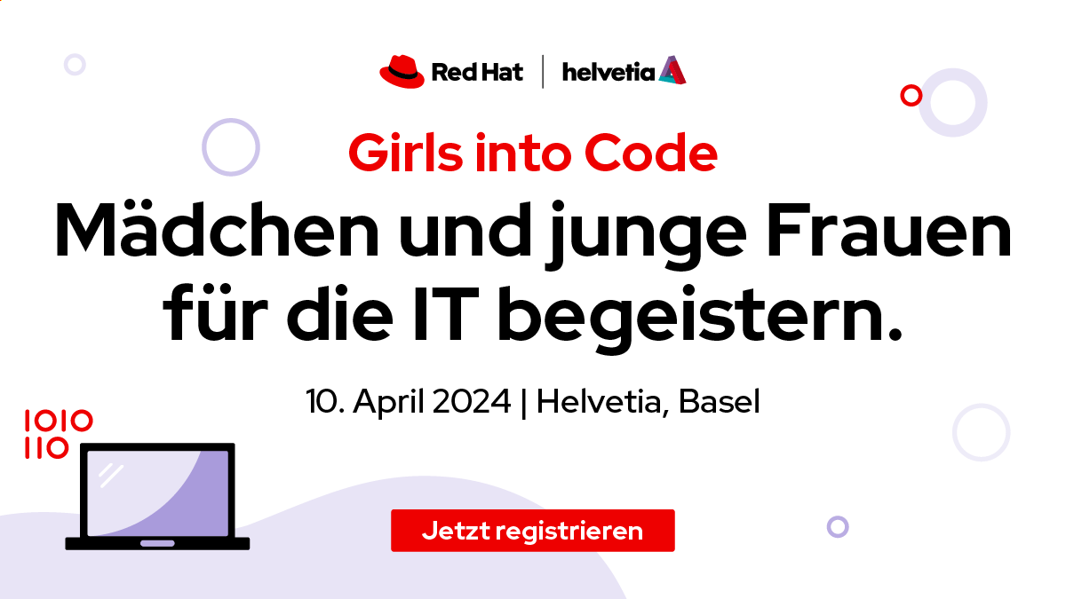 Bist du weiblich, im Alter von 12 – 18 Jahren und interessierst dich für Technologie? Dann ist unser Red Hat & @helvetia Workshop am 10. April in Basel perfekt für dich! 🦾 Tauche hier in die Welt der IT ein: bit.ly/3U3BOPD #futurefemaleintotech #girlsday #girlsintocode