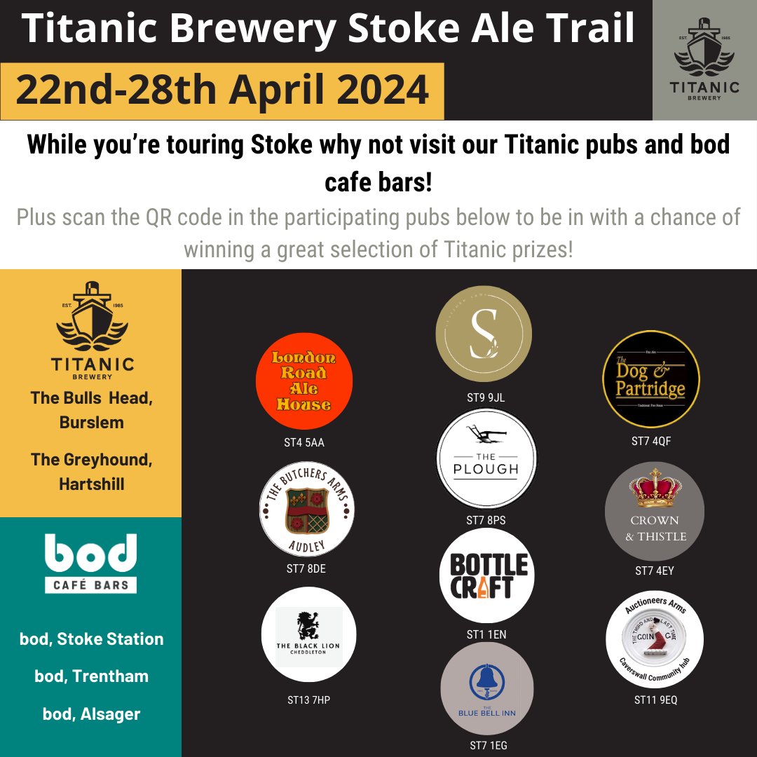 You’re never far from a pint of Titanic beer! As well as our own pubs and bod café bars there are some great independent pubs and bars that serve Titanic beer in Stoke-on-trent and the surrounding areas.