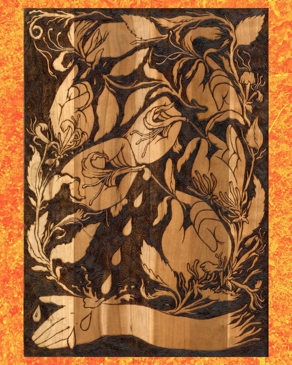 Consider the Honeysuckle, woodburning 12x17” on cherry panel 👀