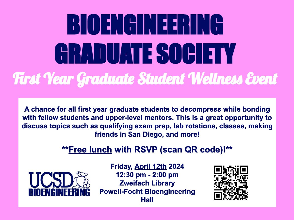 How are you feeling about this year? Come share your experiences and chat with older grad students this Friday. This is a great opportunity to discuss topics such as qualifying exam prep, lab rotations, classes, making friends in San Diego, and more.