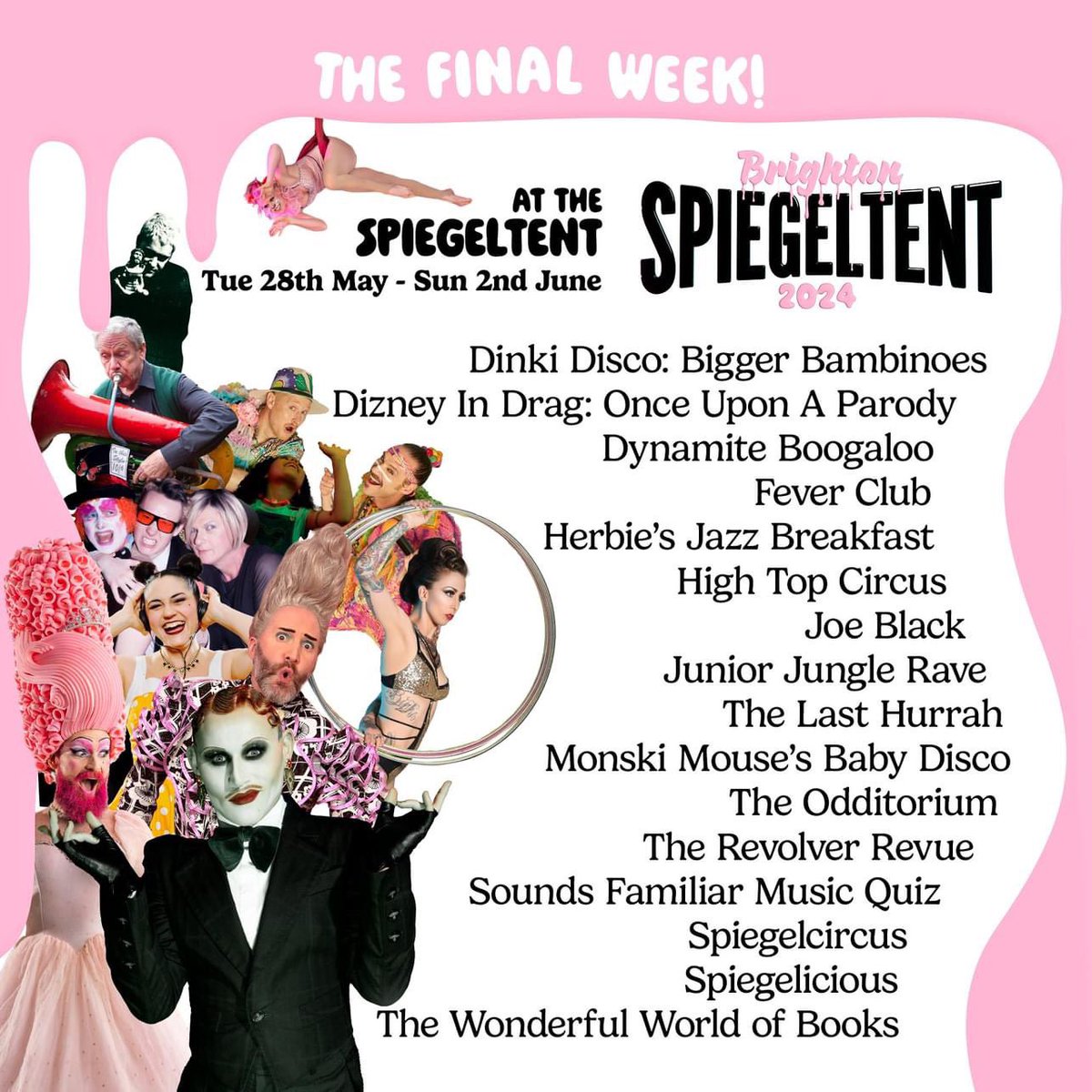 The final countdown! our last week 28 May-2 June🎪💃Half term has so many great shows for kids & families to enjoy plus plenty for everyone else! make the most of it whilst we're in town & don't miss out 🎟️Link In Bio! #spiegeltent #brightonspiegeltent #brighton #brightonandhove