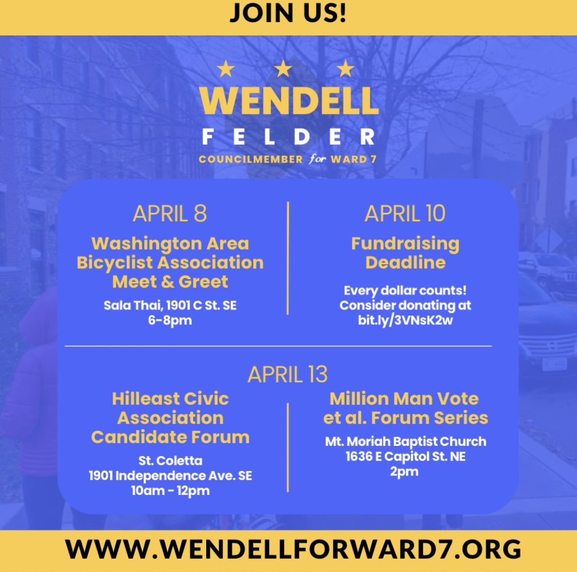 Join us this week for some exciting events and opportunities to meet Wendell! Can’t make the events? Consider donating to the campaign! 4/8 @wabadc Meet & Greet 4/10 Fundraising deadline 4/13 @hilleastcivic Forum 4/13 Million Man Vote Forum #WendellWorks #WinWithWendell